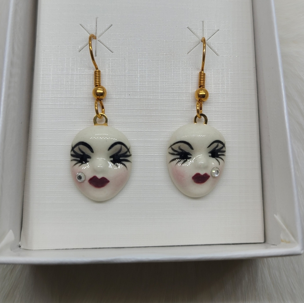 Vintage Fancy Faces Hand Painted Porcelain Mask Dangle Earrings